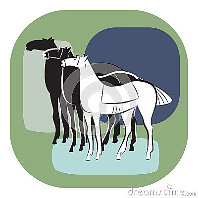 Three black and white saddled standing horses Vector Illustration