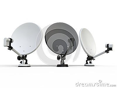 Three black and white TV satellite dishes Stock Photo