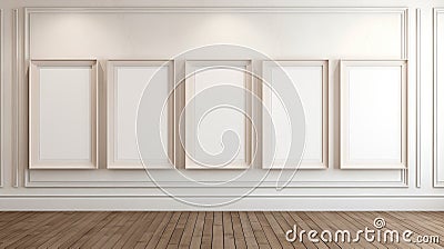 Contemporary Empty Frames In White Room With Hardwood Floor Stock Photo