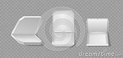 Three Blank Open Pizza Boxes In Different Positions Isolated On Transparent Background. Realistic 3d Vector Mockups Vector Illustration