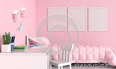 Three blank photo frame for mockup in child bedroom interior, 3D rendering Stock Photo