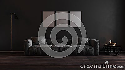 Three blank poster frames mock up in luxury dark living room interior with gray sofa, modern interior background, 3d illustration Cartoon Illustration