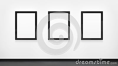 Three blank posters with black frames on the white wall. Picture gallery mockup Stock Photo