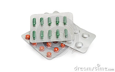 Three blister packs with different medications Stock Photo