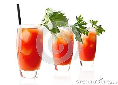 Three Bloody Mary with ice cubes with celery isolated on white Stock Photo