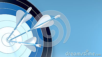 Three blue arrows hit the center of an archery target, isolated on blue background Stock Photo