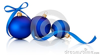 Three Blue Christmas balls with ribbon bow Isolated on white Stock Photo