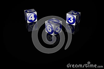 Three blue dice number four six three Stock Photo