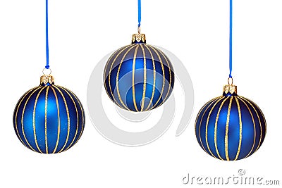 Three Blue and Gold Christmas Ornaments on White Stock Photo