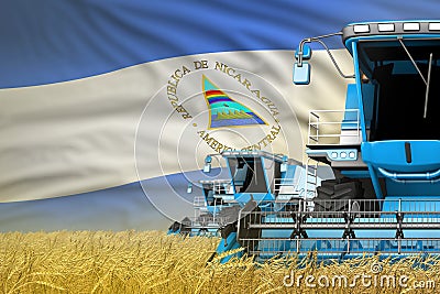 three blue modern combine harvesters with Nicaragua flag on farm field - close view, farming concept - industrial 3D illustration Cartoon Illustration