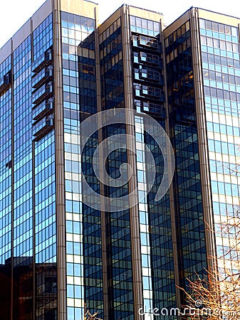 Three blue skyscrapers on a light background. Stock Photo