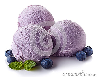 Three blueberry ice cream balls Stock Photo