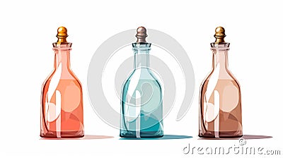 Alchemical Symbolism: Three Colored Wine Bottles On White Background Cartoon Illustration