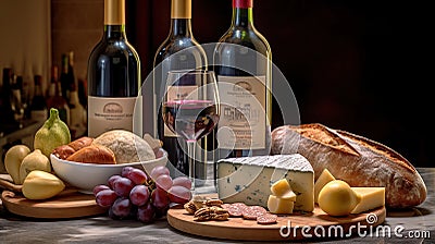 Three bottles of wine and two half filled glasses of red wine on kitchen with baked cakes, with a selection of cheeses, Generative Stock Photo