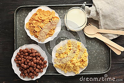 Three Bowl Cereal with Milk Stock Photo