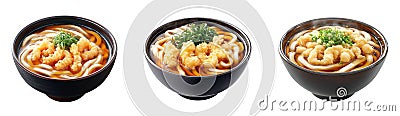 Three bowls of udon noodles with tempura, each with a different broth color, are arranged in a row on a transparent background Stock Photo
