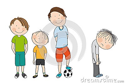 Three boys with ball, ready to play football / soccer, the fourth boy is standing with his back bent down looking unhappy. Vector Illustration