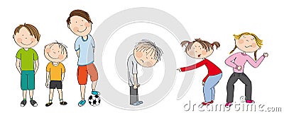 Three boys with ball ready to play football / soccer, two girls bullying sad boy, sneering, offending him. Vector Illustration