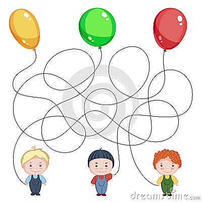 Three boys with balloons. Children`s picture with a riddle. Where is whose ball is? Stock Photo