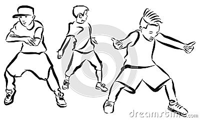 Three Boys, coloring Page, Hip Hop Choreography Vector Illustration