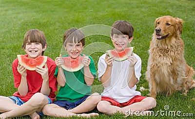 Three Boys Eating Watermelon Stock Photo