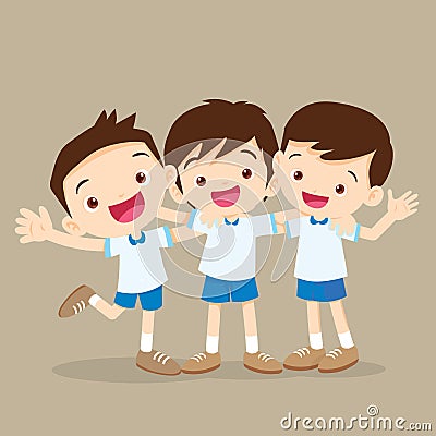 Three boys pupil hugging and smiling Vector Illustration