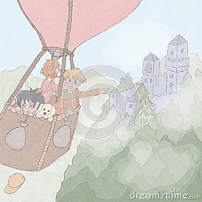 Three boys travel in a hot air ballon Stock Photo