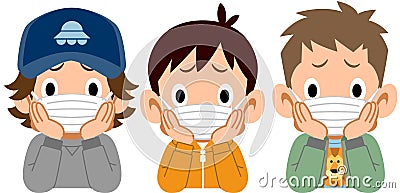 Three boys who put on a mask, and rest their cheek on their hand with a dissatisfaction face Vector Illustration