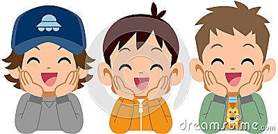 Three boys who rest their cheek on their hand Vector Illustration