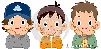 Three boys who rest their cheek on their hand Vector Illustration