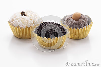 Three Brazilian Sweets - Beijinho, Brigadeiro and Cajuzinho Stock Photo