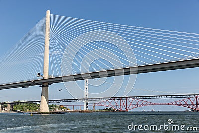 Three Bridges over Firth of Forth near Queensferry in Scotland Editorial Stock Photo