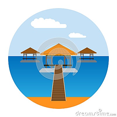 Three bungalows at the edge of the sea Vector Illustration