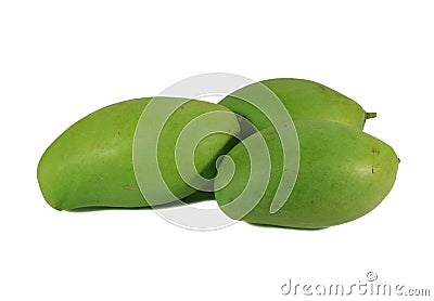 Three Bright Color Green Young Mango on White Background Stock Photo
