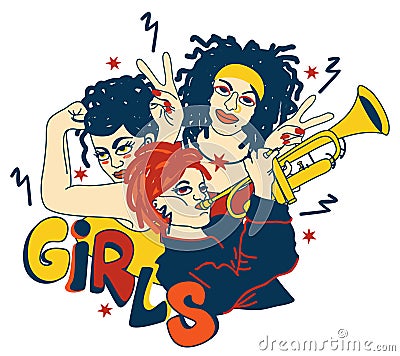 Three bright female characters. Girl power. Vector isolated illustration Vector Illustration