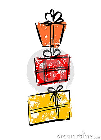 Three bright gift boxes with bows and ribbons. Gifts for Christmas, New Year and other holidays. Cartoon Illustration