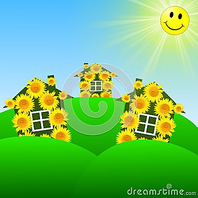 Three bright at home with yellow sunflowers on a green lawn Cartoon Illustration