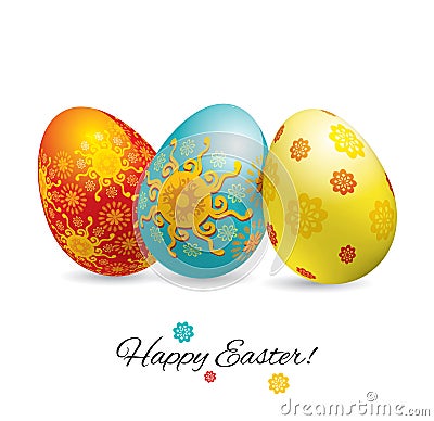 Three bright ornamental realistic Easter eggs with shadow on white background. Easter banner Vector Illustration