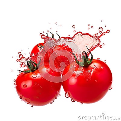 Three bright and ripe colored tomatoes with water dripping around them on a white background Cartoon Illustration