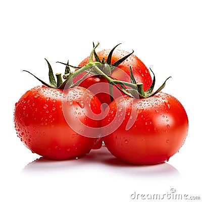 Three bright and ripe colored tomatoes with water dripping around them on a white background Cartoon Illustration