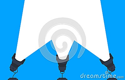Three bright spotlights illuminate an empty space on a vibrant blue background, creating a captivating display. Simple Vector Illustration