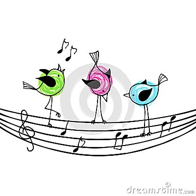 Three brightly colored birds on the stave with treble clef and n Vector Illustration