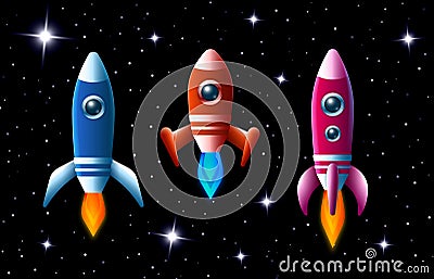 Three brightly colored rockets in outer space Vector Illustration