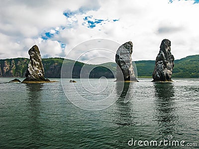 Three brother rocks, Avacha bay, Kamchatka peninsula Russia Stock Photo