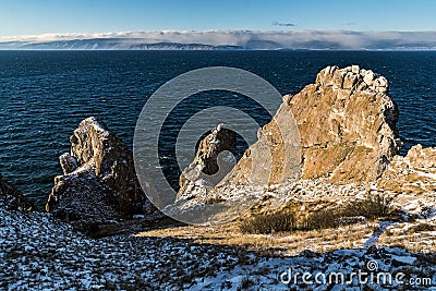 Three brothers Rock at Cape Sagan-Khushun Stock Photo