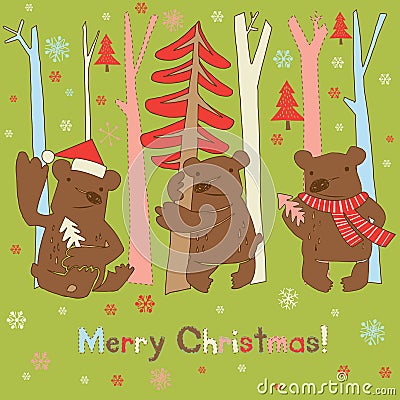 Three brown bears, trees and snowflakes Stock Photo