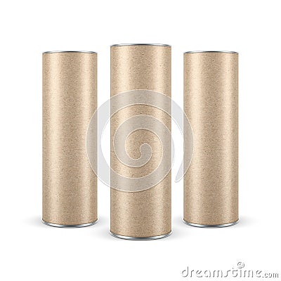 Three brown Kraft paper Snack Tubes TIN CAN Mockup Stock Photo