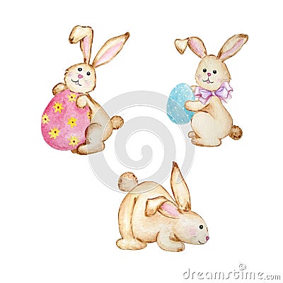 Three brown watercolor easter bunnies cute Stock Photo