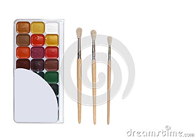 Three brushes and watercolors Stock Photo