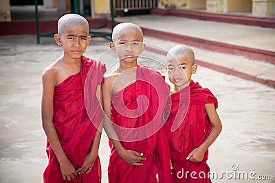 Three buddhist apprentices, Myanmar Editorial Stock Photo